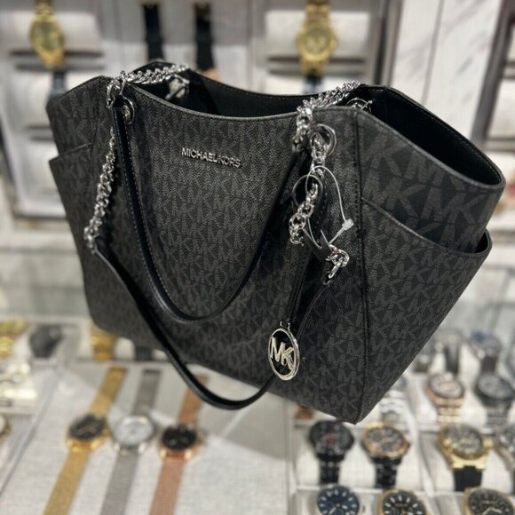 MICHAEL KORS JET SET TRAVEL Medium Chain Shoulder Tote Bag MK  LOGO SILVER EUC - Picture 3 of 16